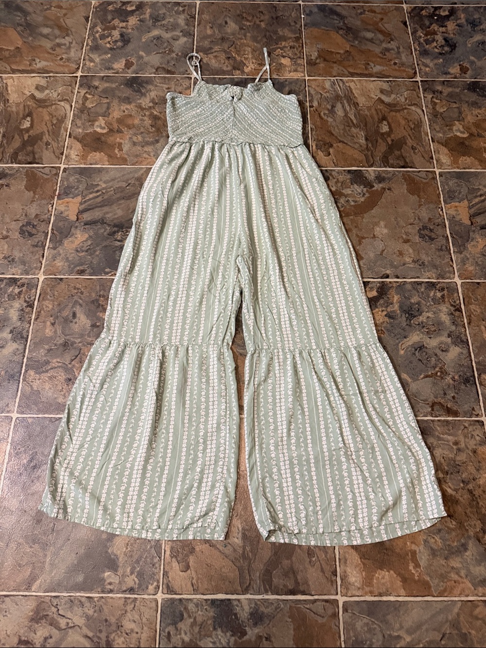 Sincerely Jules Light Sage Green Striped Smocked Wide-Leg Jumpsuit